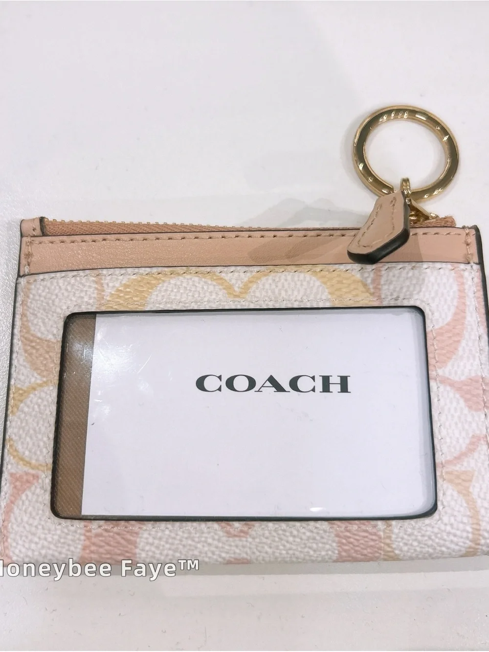 Coach skinny card case in Signature Canvas Card Case Keyring in Pink & Cream